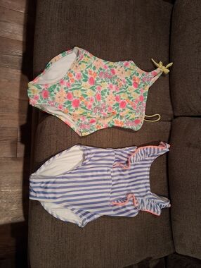 Cat & Jack Girls' Floral One-Piece Swimsuit and Blue Stripe Ruffled Suit